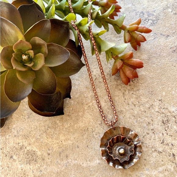 Folded Copper Flower Pendant Necklace, Rustic Jewelry - Picture 3 of 4